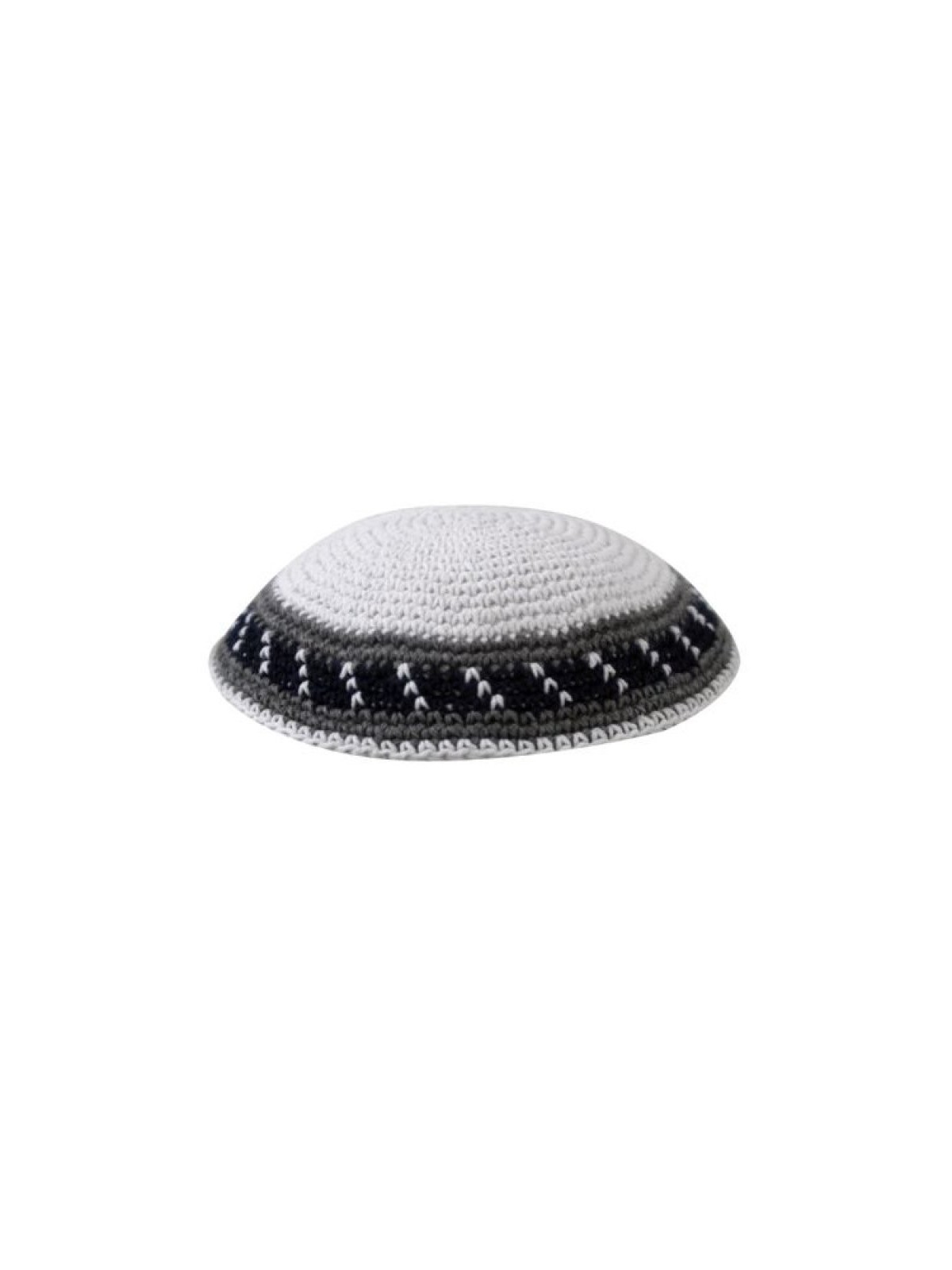 כיפה סרוגה לבנה עם גבול אפור ושחור | כיפה סרוגה
